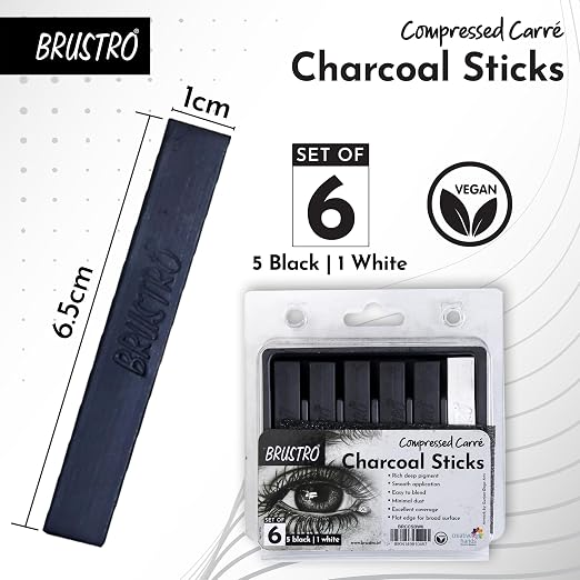 Brustro Compressed Charcoal Sticks - Set of 6 (5 Black & 1 White Stick)