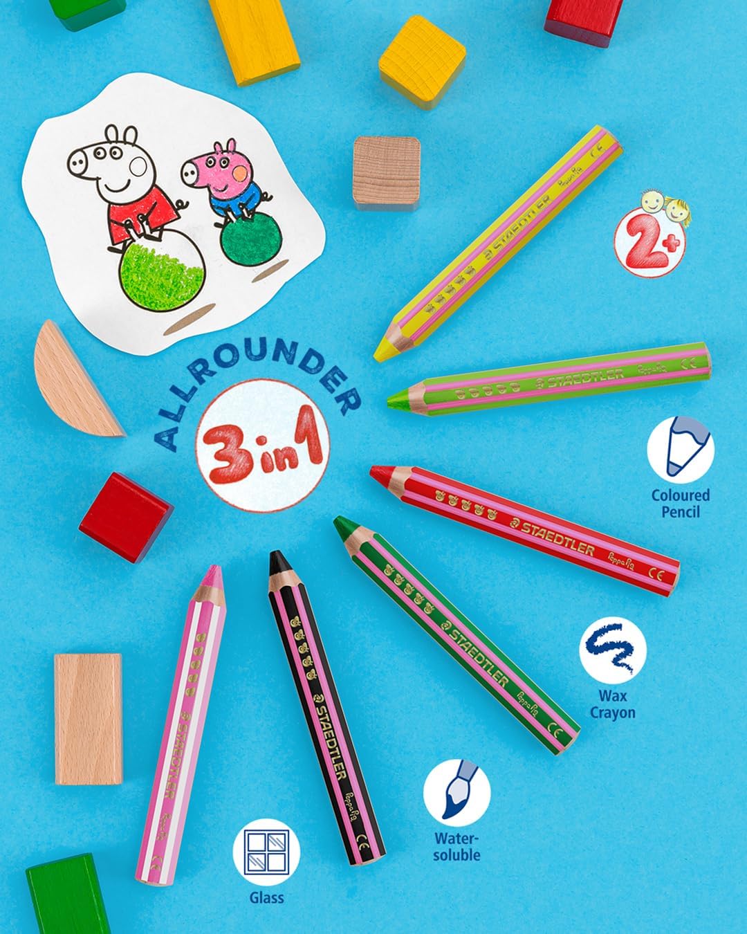 STAEDTLER Peppa Pig x Noris Junior 3-in-1 Jumbo Watercolour Colouring Pencils | 6 Assorted Colours