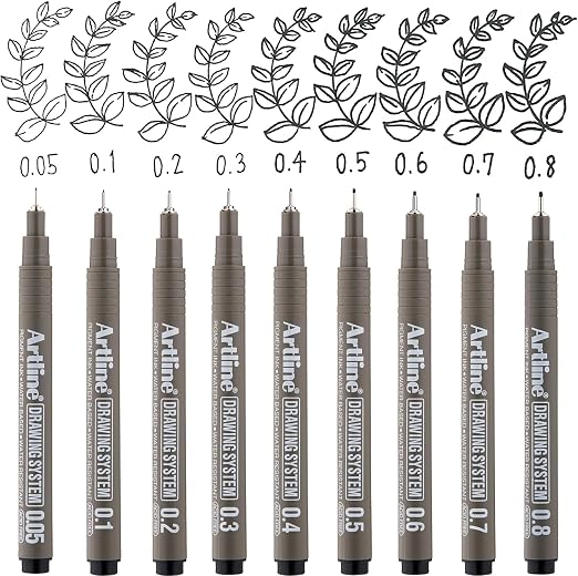 Artline Drawing System Pen Pack of 6 | Black Colour - 0.1mm, 0.2mm, 0.3mm, 0.5mm, 0.05mm, 0.8mm Fine Tips | Technical Drawing Pens For Drafting, Illustrating