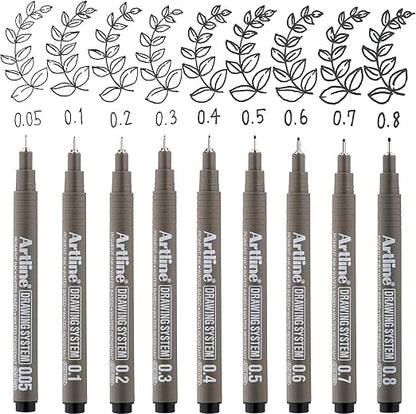 Artline Drawing System Pen Pack of 6 | Black Colour - 0.1mm, 0.2mm, 0.3mm, 0.5mm, 0.05mm, 0.8mm Fine Tips | Technical Drawing Pens For Drafting, Illustrating
