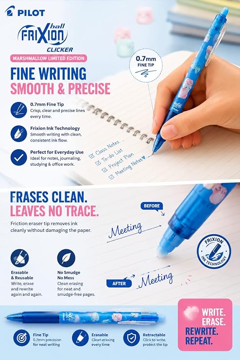 Pilot Frixion Erasable & Refillable Clicker/Retractable Roller Ball Pen|Blue Ink- 0.7mm  | Sweet paradise Character Series