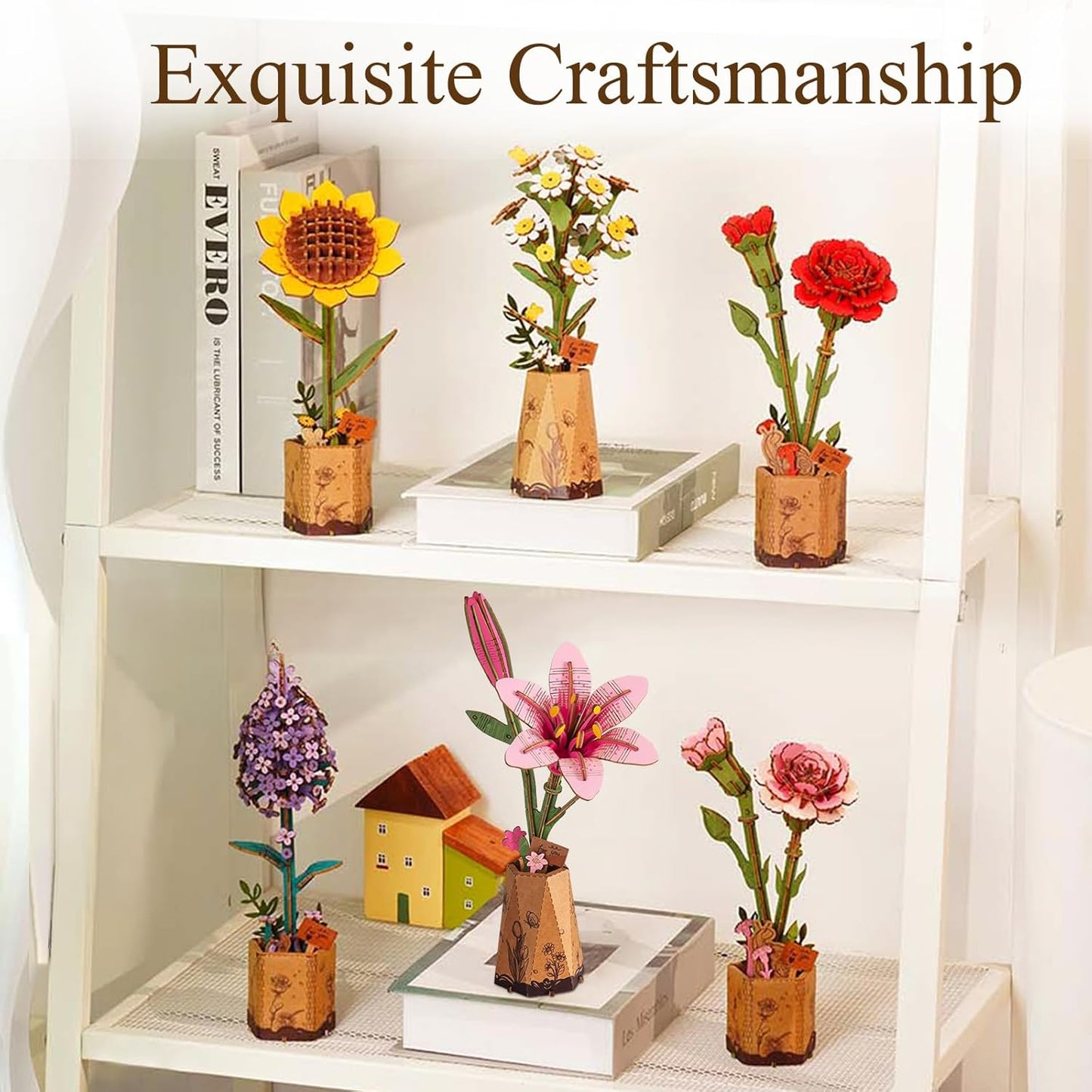 Decorative flower sculptures on a shelf with 'Exquisite Craftsmanship' text above.