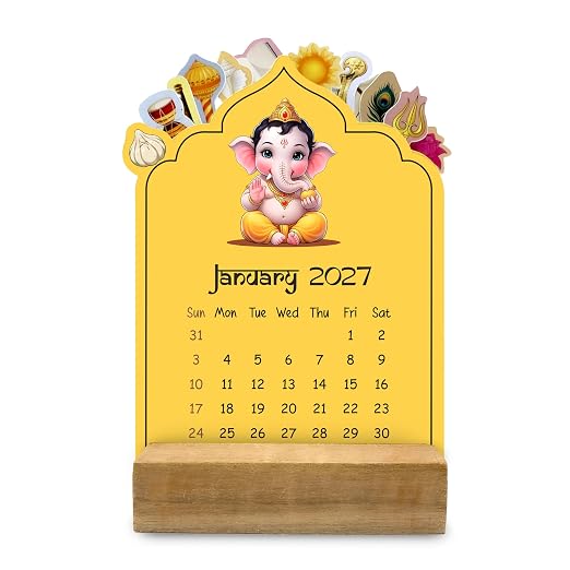 A5 2027 Hindu God Desk Calendar | 12-Month Religious Goddess Illustrations | Table Calendar with Wooden Stand