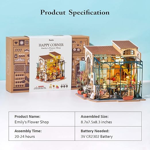 Model of a flower shop with packaging and specifications on a light blue background