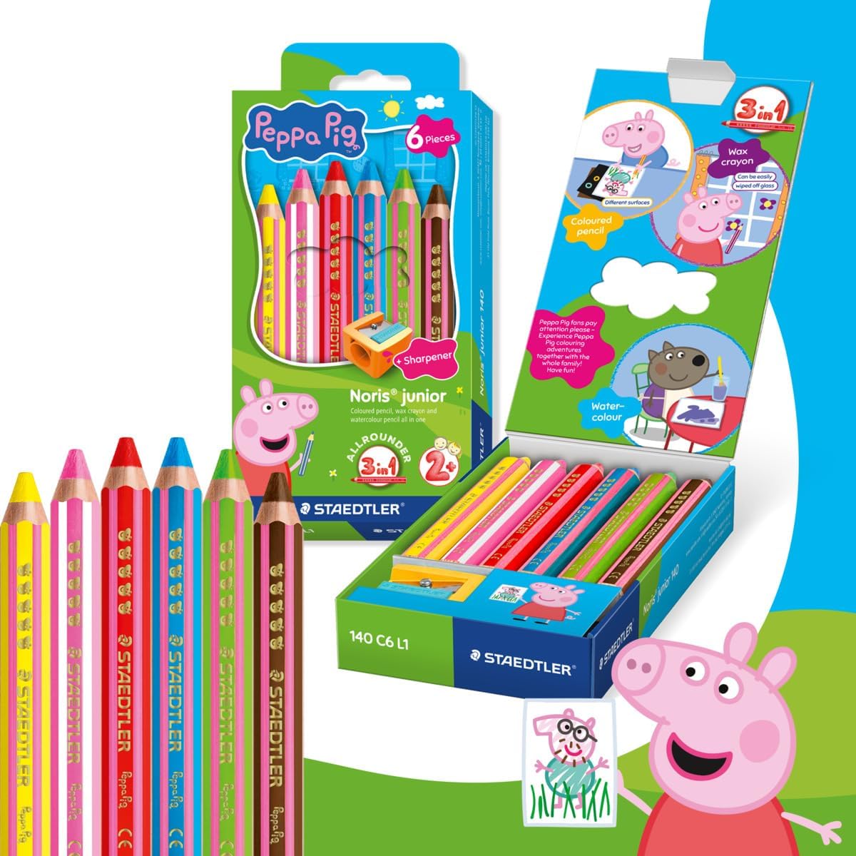 STAEDTLER Peppa Pig x Noris Junior 3-in-1 Jumbo Watercolour Colouring Pencils | 6 Assorted Colours