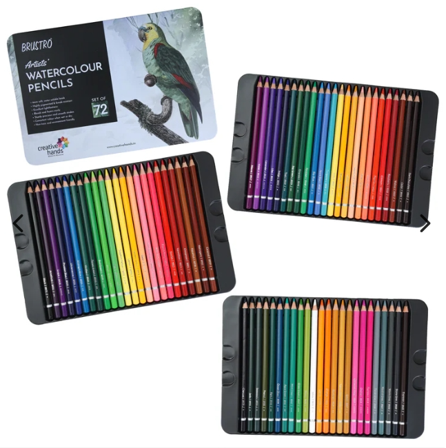 Set of watercolor pencils in metal cases on a white background