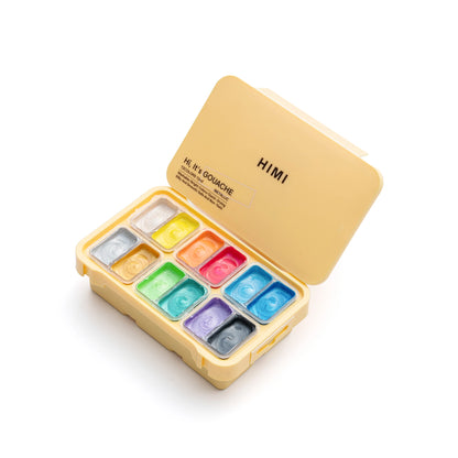 HIMI - Mini Metallic Gouache Paints |12 ml Jelly Cups x 12 Colours |Yellow Case