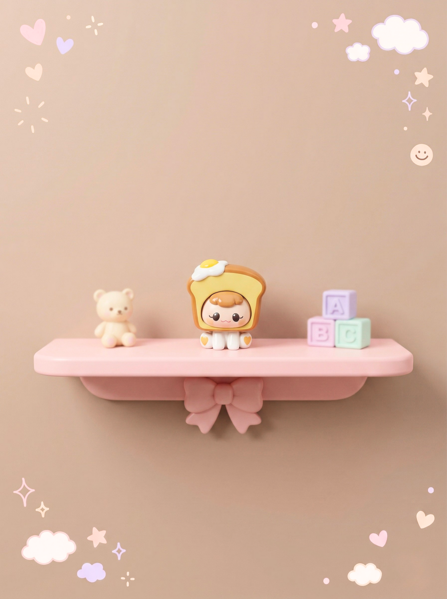 Pink shelf with toys on a beige background with decorative elements