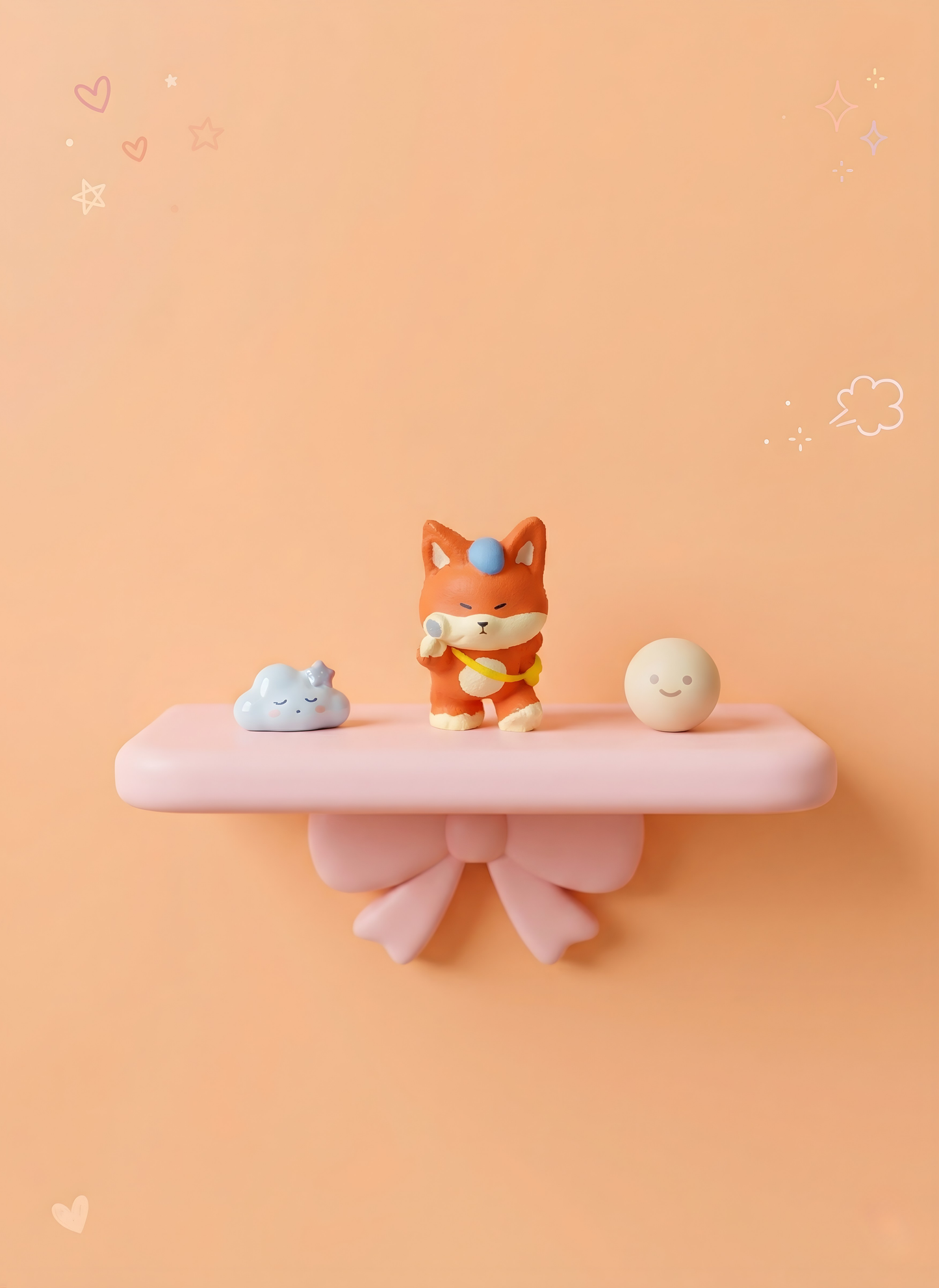Small fox figurine with a pink shelf on a peach background