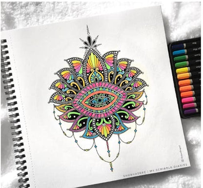 Coloring book with a mandala design and coloring pencils on a textured surface