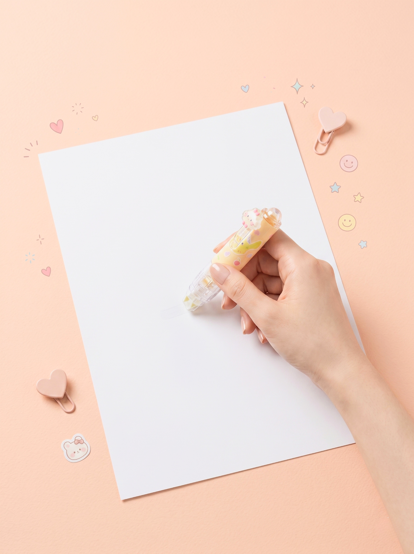 Hand holding a colorful pen over a blank sheet of paper on a pink background with heart-shaped stickers.