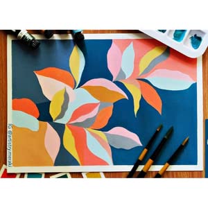 Colorful abstract painting on a blue background with brushes and paint palette.