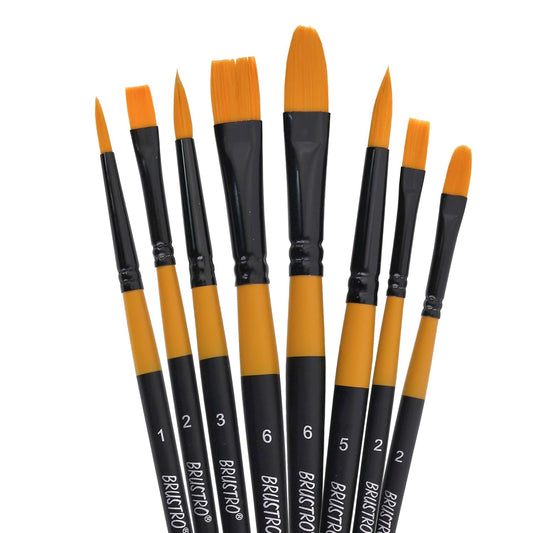 Set of paint brushes with black handles and orange bristles on a white background