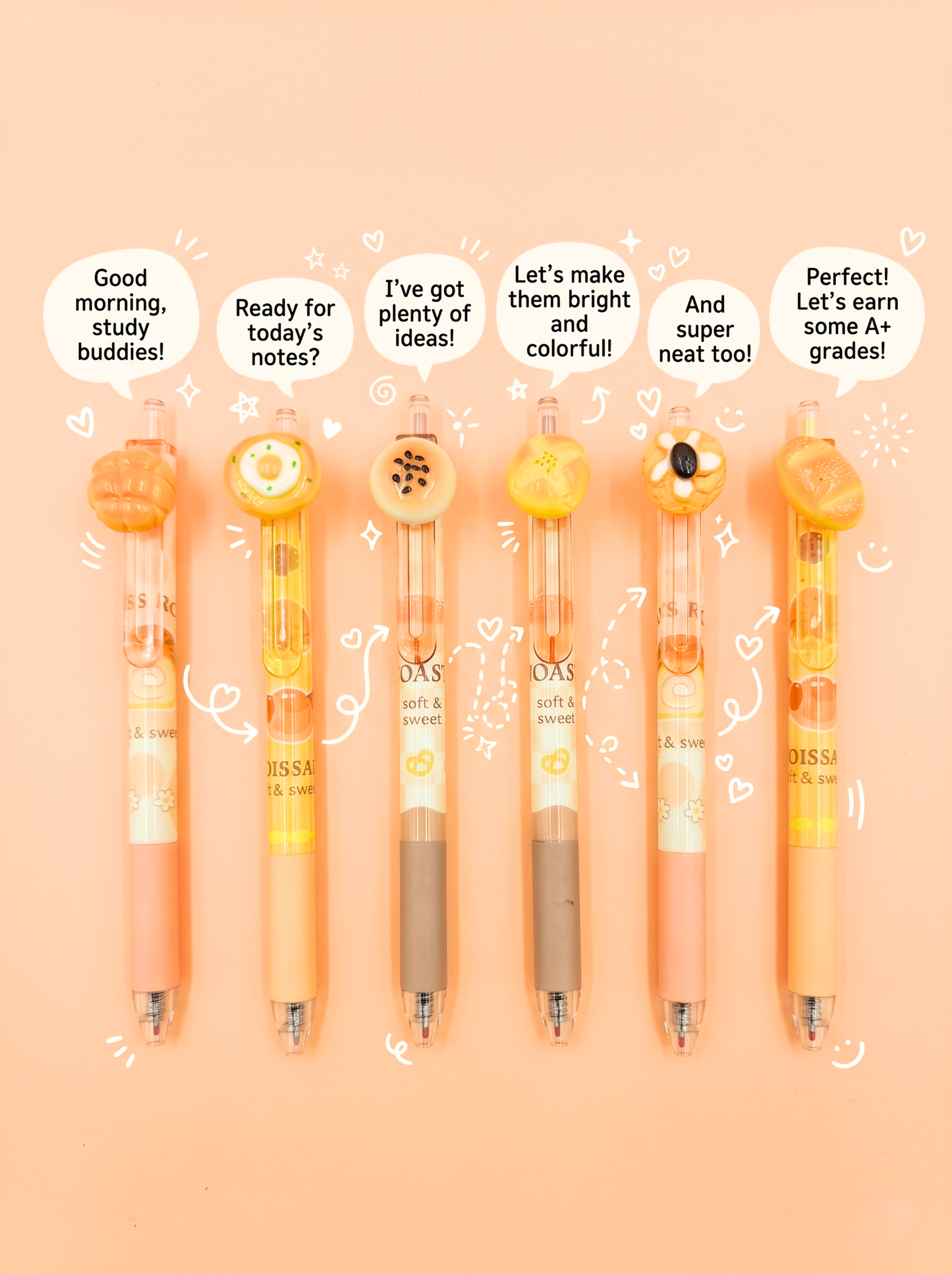 Set of six colorful pens with motivational text on a peach background