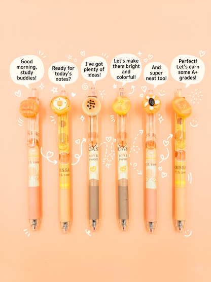 Set of six colorful pens with motivational text on a peach background