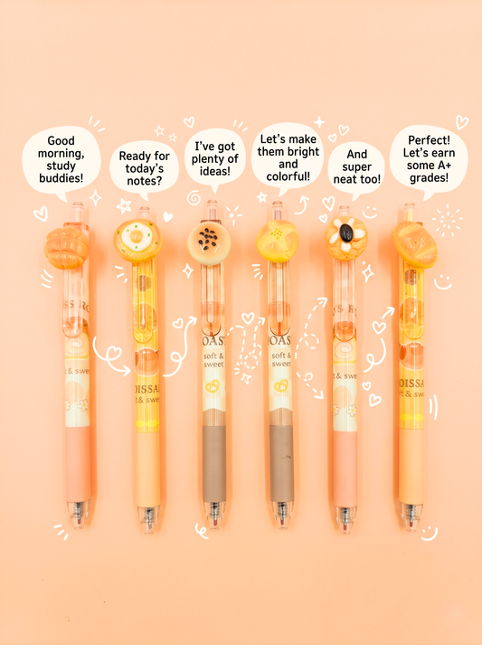 Set of six colorful pens with motivational text on a peach background
