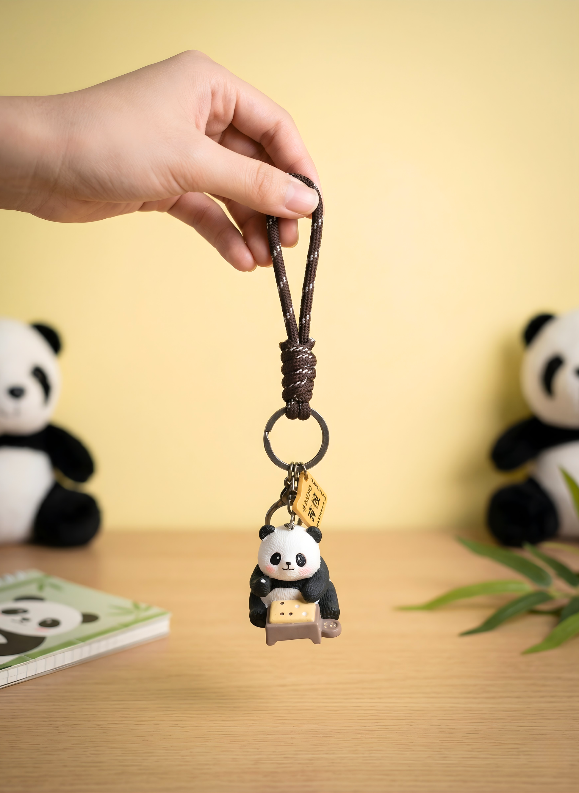 Panda keychain held by a hand with a yellow background featuring panda plush toys.