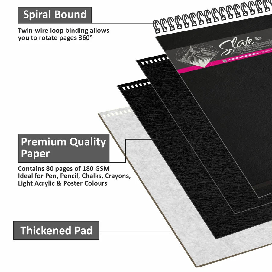 Spiral-bound drawing pad with text highlighting features like premium quality paper and thickened pad.