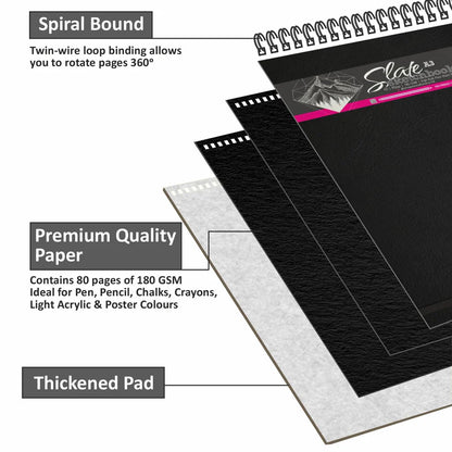Spiral-bound drawing pad with text highlighting features like premium quality paper and thickened pad.