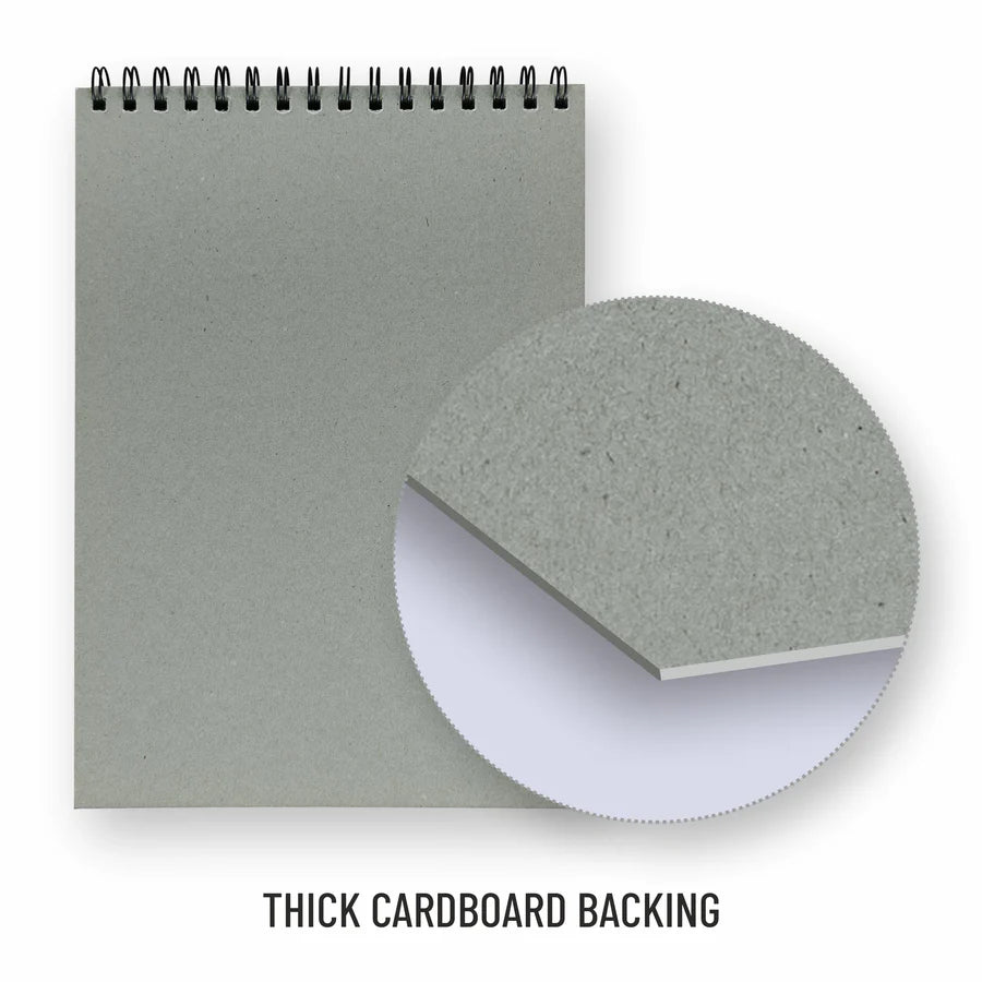 Gray spiral-bound notebook with thick cardboard backing on a white background