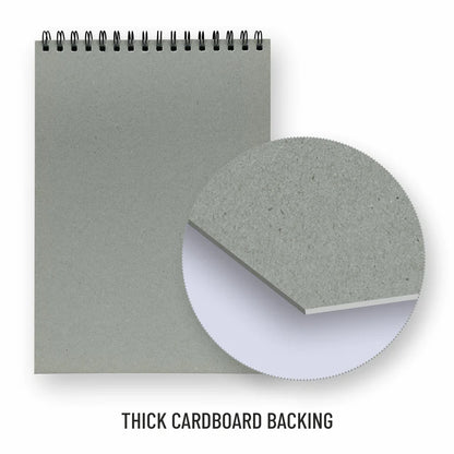 Gray spiral-bound notebook with thick cardboard backing on a white background