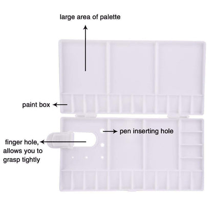 White plastic palette with labeled features on a white background