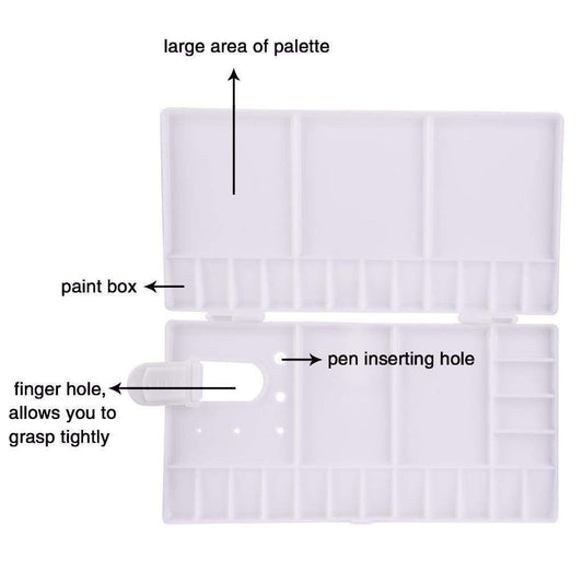 White plastic palette with labeled features on a white background