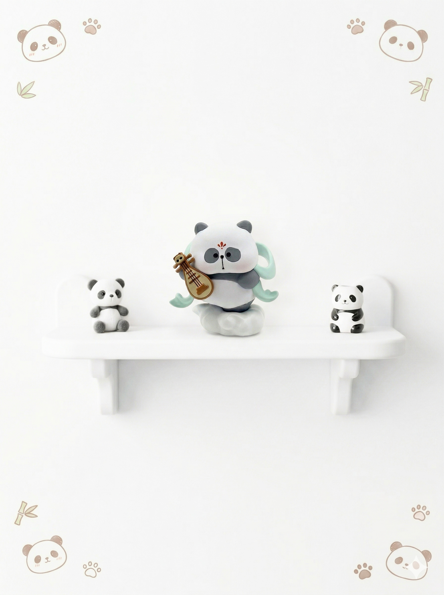 Three panda figurines on a white shelf with decorative elements on a light gray background.