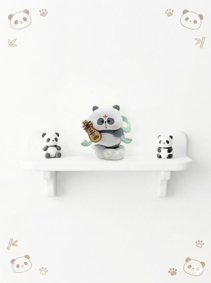 Three panda figurines on a white shelf with decorative elements on a light gray background.
