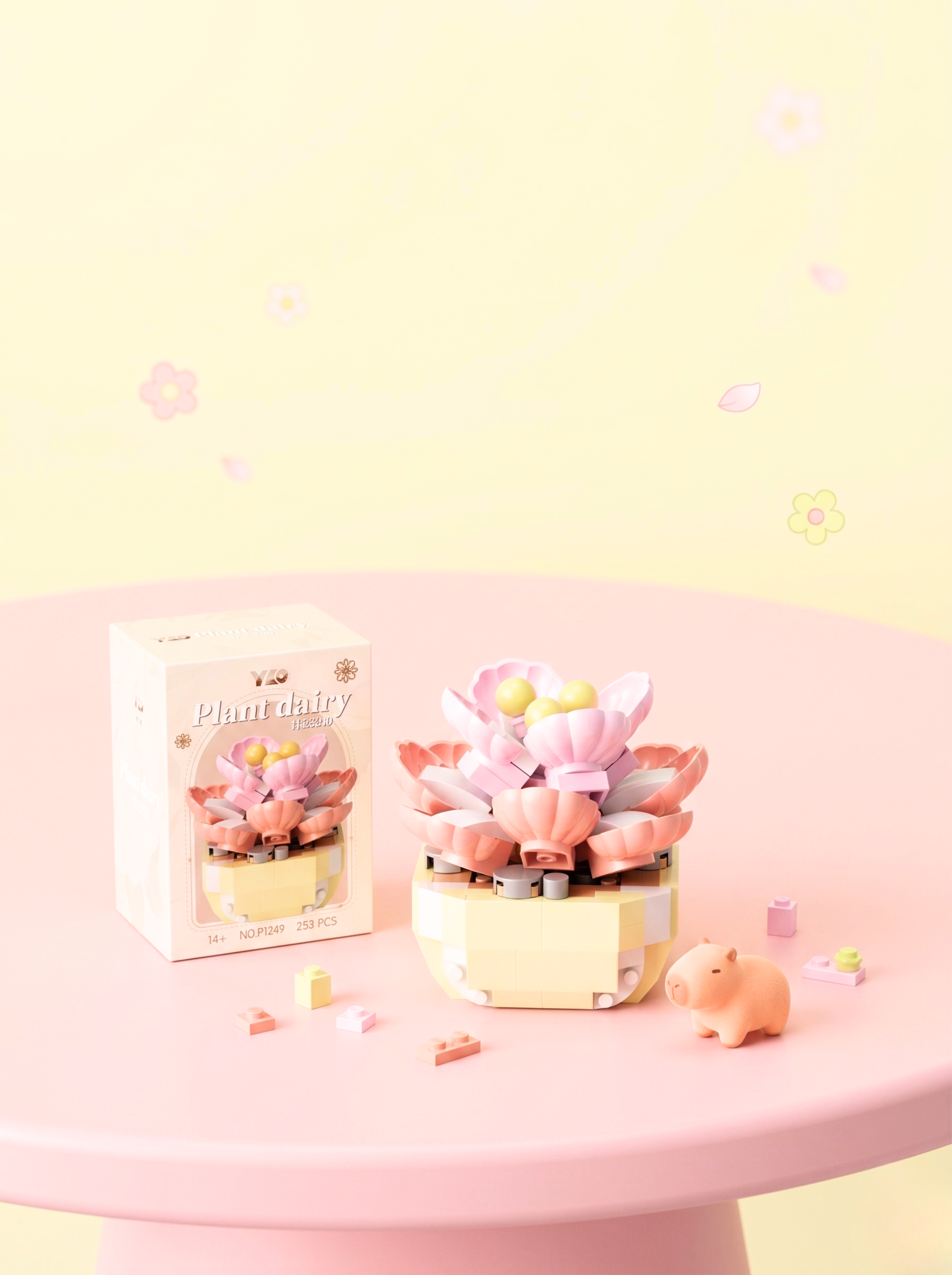 Decorative planter with pink flowers on a pink table against a light yellow background