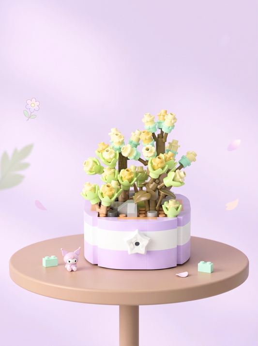 Decorative plant in a purple pot on a wooden table with a light purple background
