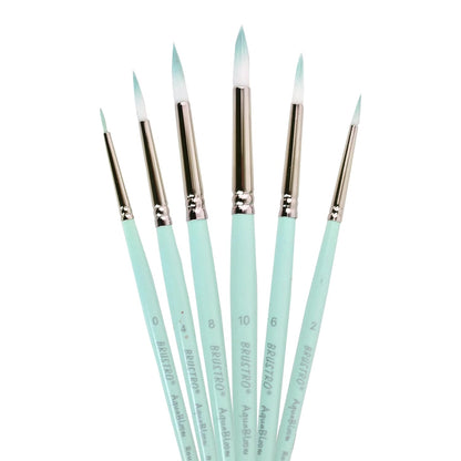 Set of six paint brushes with light blue handles on a white background