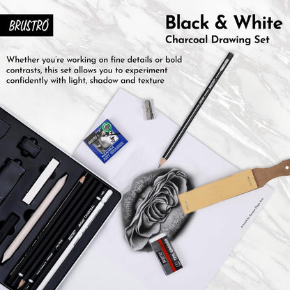 Black and white charcoal drawing set with tools on a white background, featuring Brustro branding.