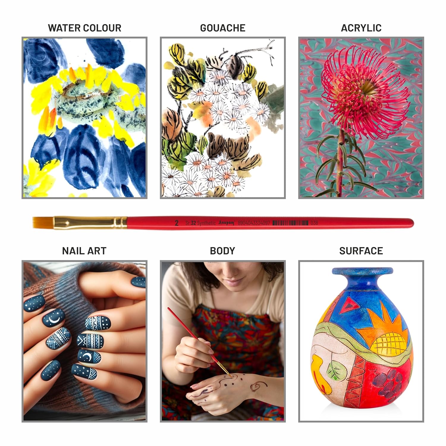 Collage of art styles including watercolor, gouache, acrylic, nail art, body art, and surface art with a paintbrush and colorful vase.