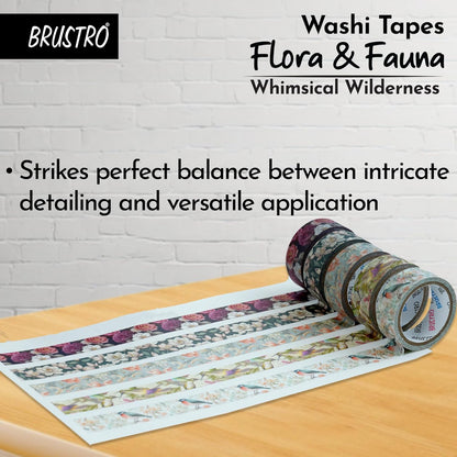 BRUSTRO washi tapes on a wooden surface with a white brick wall background
