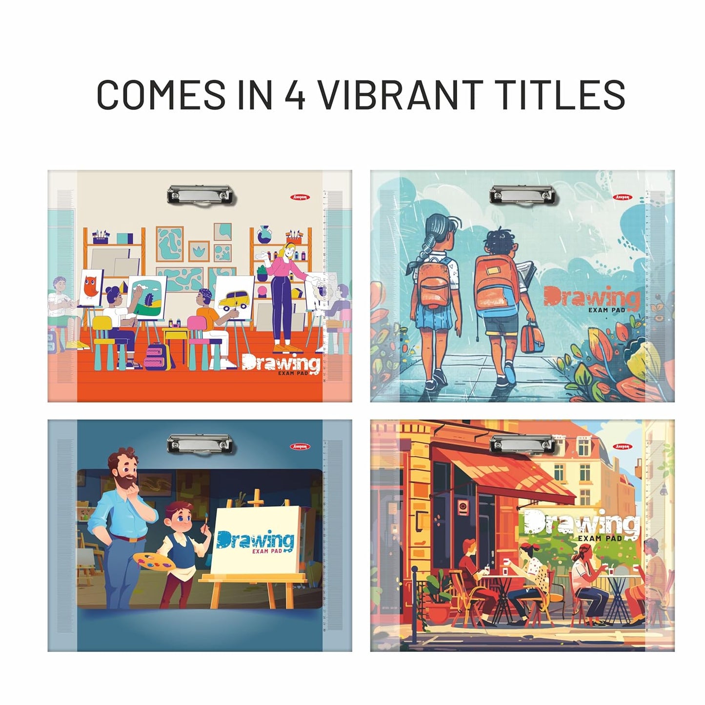 Four colorful stationery packs with 'Drawing' theme on a white background