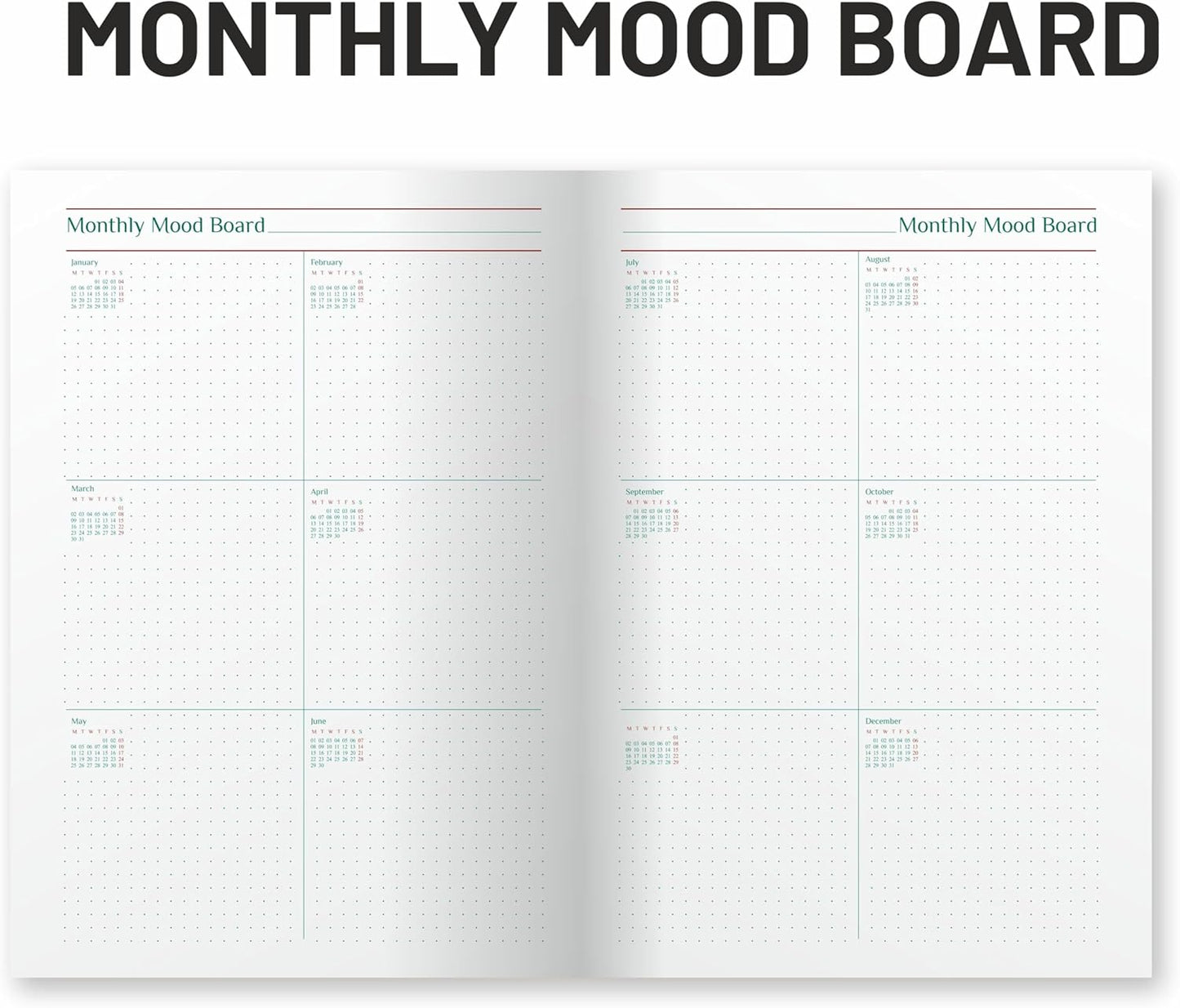 Open planner showing monthly mood board layout with checkboxes.