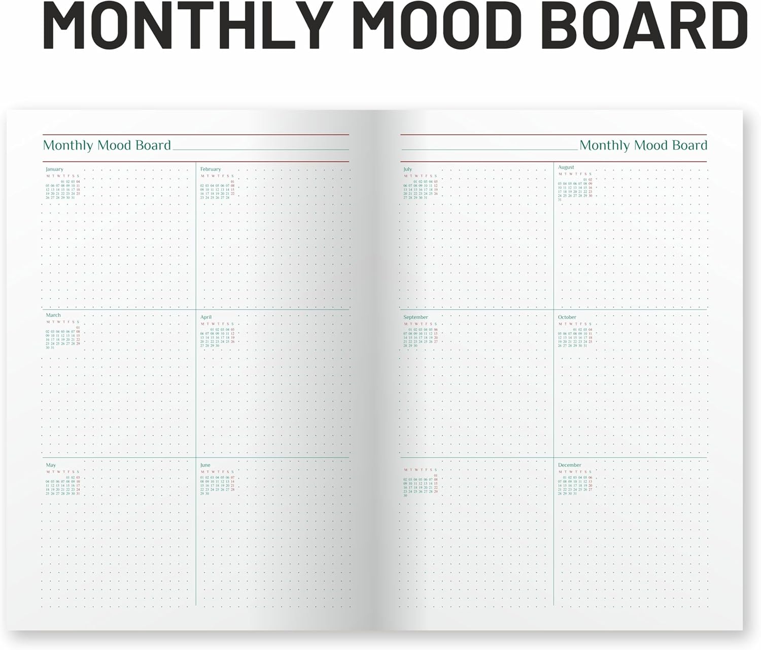 Open planner showing monthly mood board layout with checkboxes.