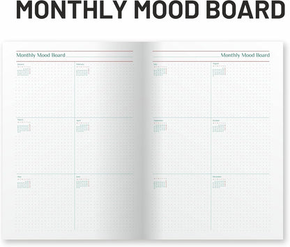 Open planner showing monthly mood board layout with checkboxes.