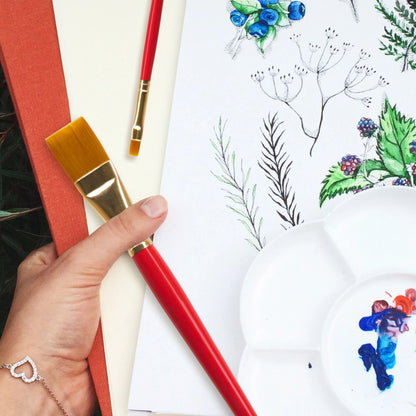 Artistic setup with a hand holding a red paintbrush, watercolor paper, and a palette with floral designs.