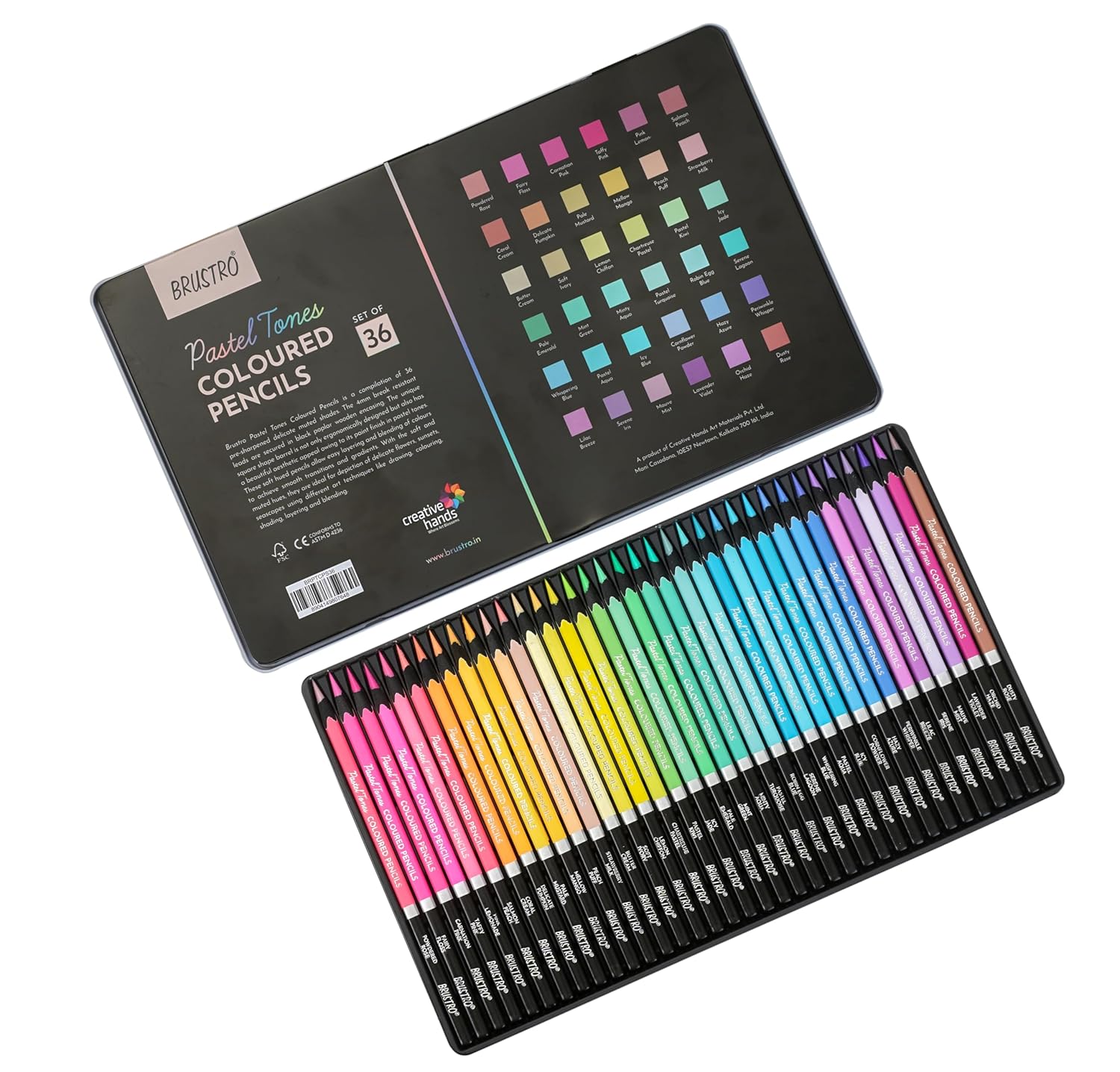Set of colored pencils with a color chart on a white background