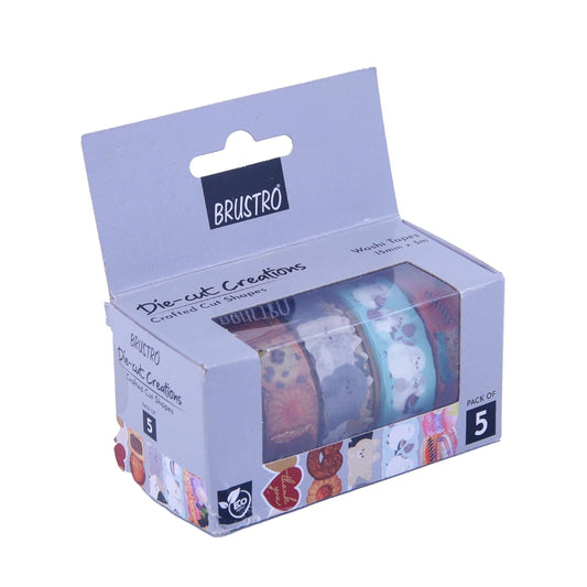 Pack of BRUSTRO washi tape with colorful designs on a white background