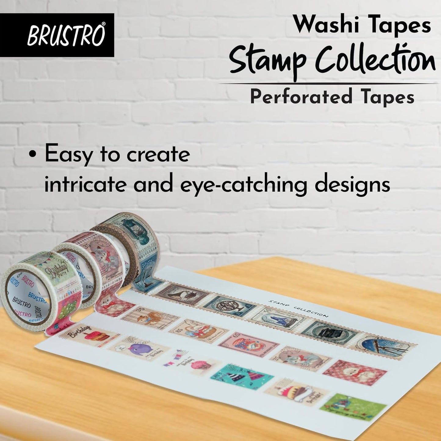 BRUSTRO washi tapes stamp collection with designs on a white sheet against a brick wall background.