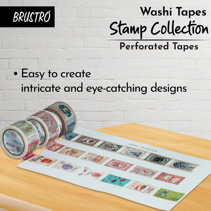 BRUSTRO washi tapes stamp collection with designs on a white sheet against a brick wall background.