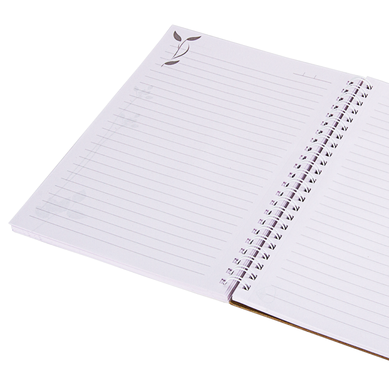 Open notebook with lined pages on a white background