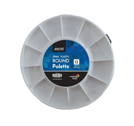 Round plastic art palette with Brustro branding on a white background