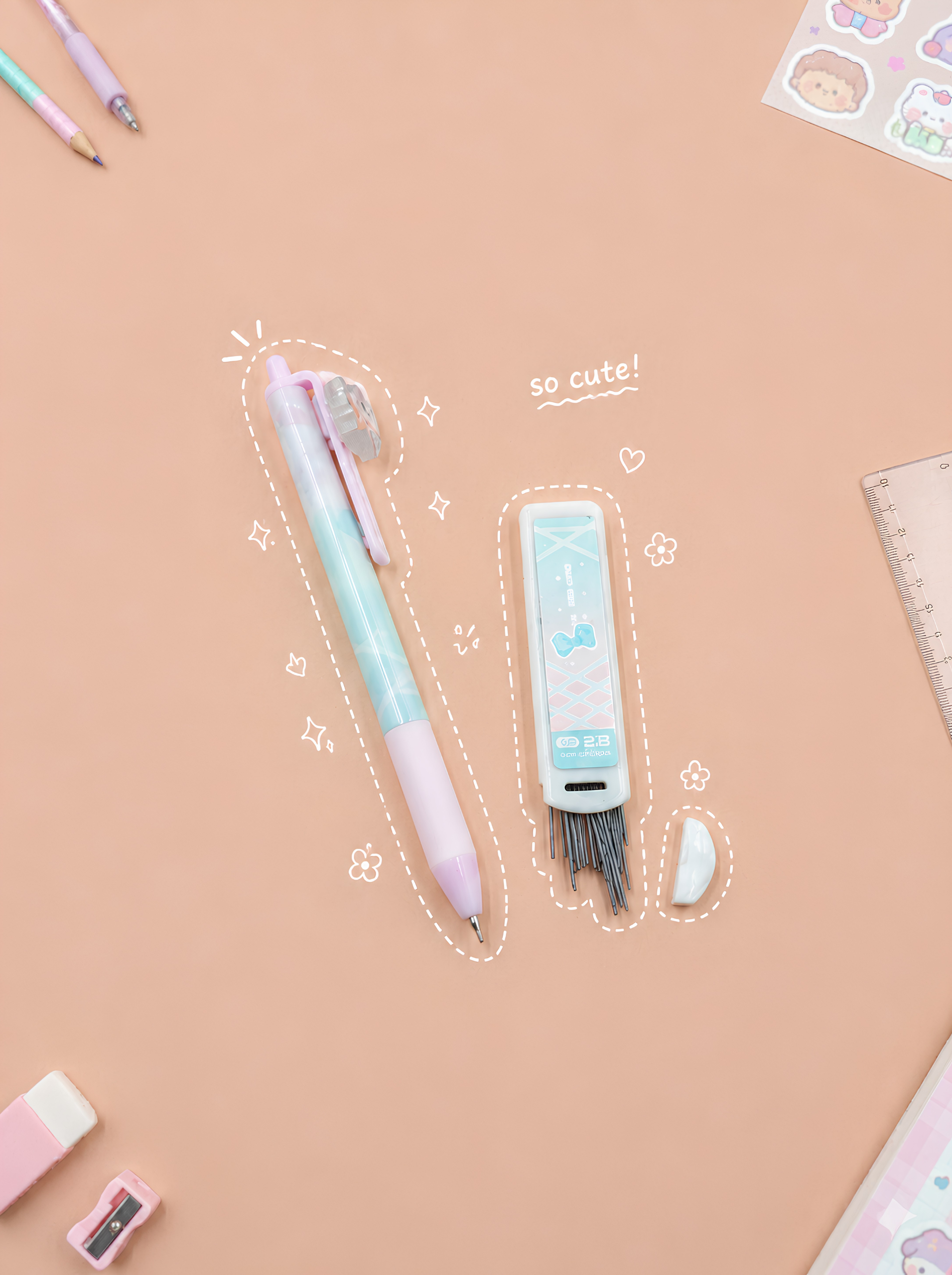 Cute stationery items including a pen, eraser, and ruler on a beige background