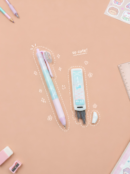 Cute stationery items including a pen, eraser, and ruler on a beige background