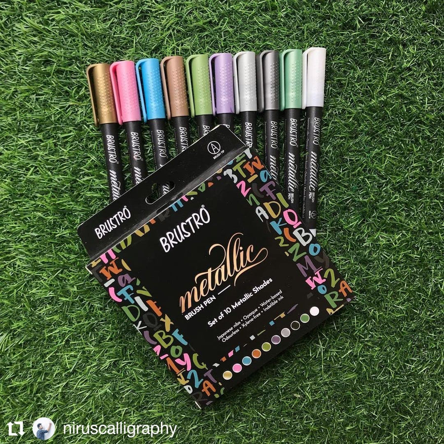 BRUSTRO Metallic Brush Marker Pens | Set of 10 Metallic Shades