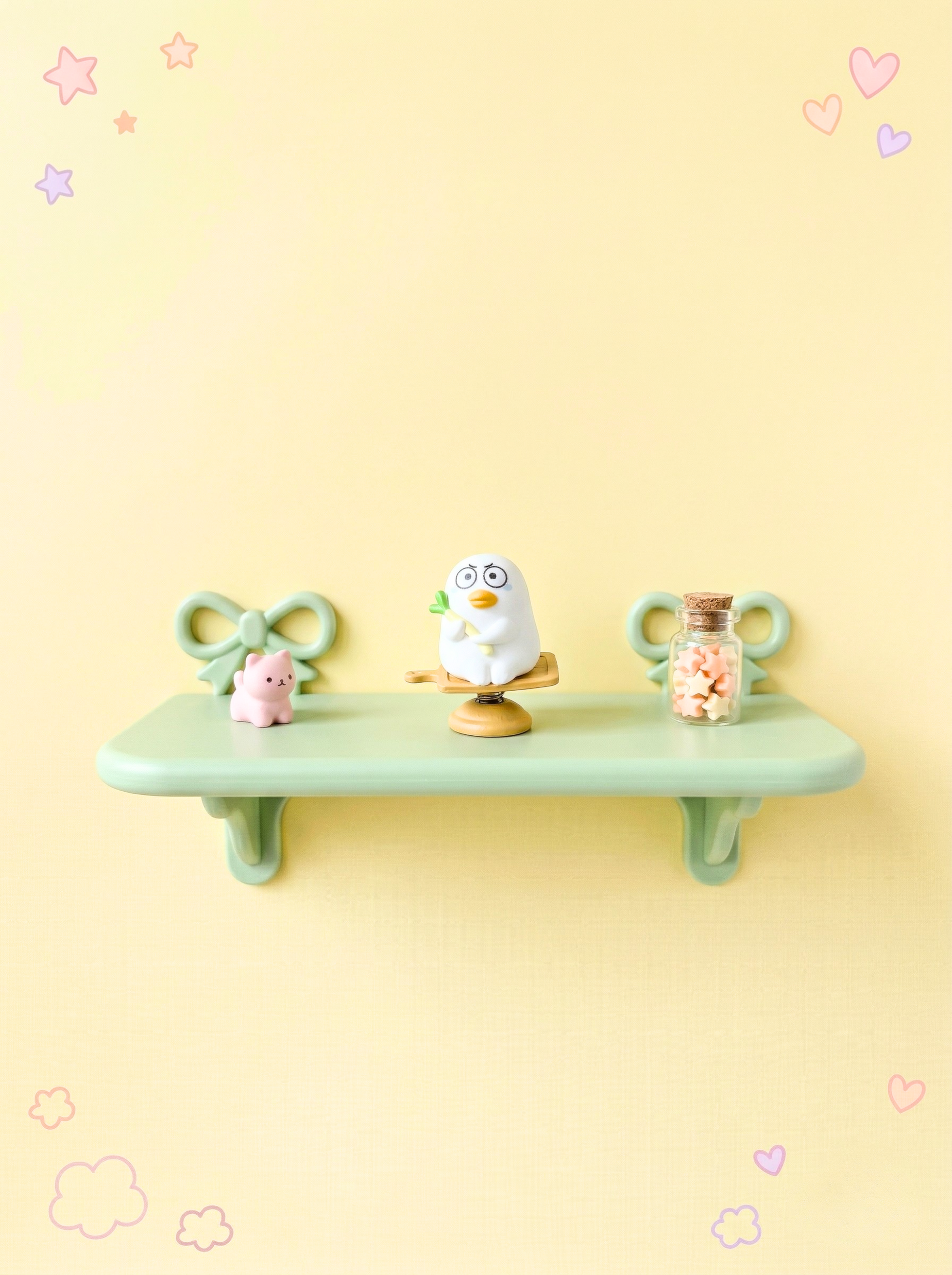 Pastel-colored shelf with decorative items on a yellow background